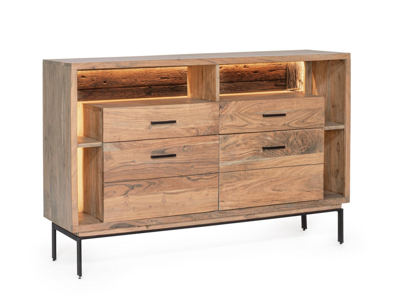 Credenza Industriale con 2 assetti  e 2 ante in legno di acacia e illuminazione LED cm 145x40x94h