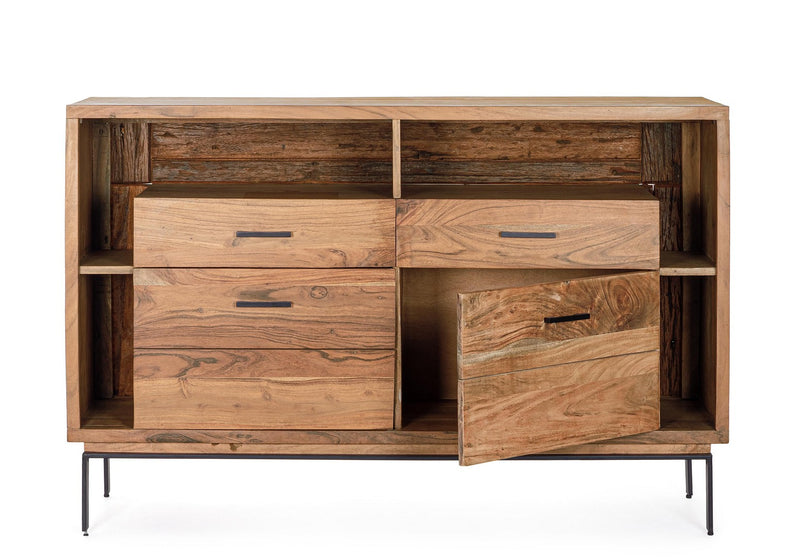 Credenza Industriale con 2 assetti  e 2 ante in legno di acacia e illuminazione LED cm 145x40x94h