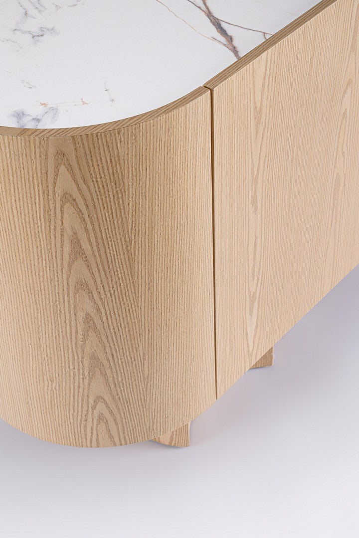 Madia moderna con angoli tondi in legno con piano in pietra naturale cm 160x45x80h