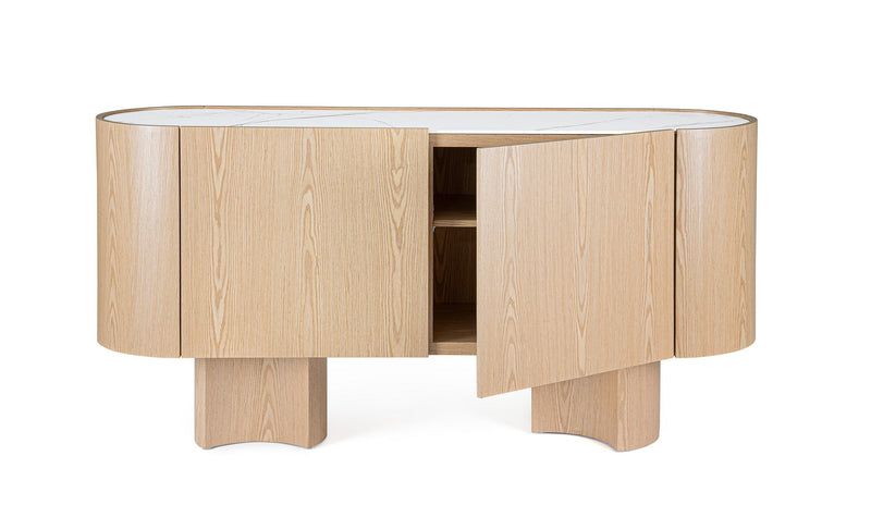 Madia moderna con angoli tondi in legno con piano in pietra naturale cm 160x45x80h