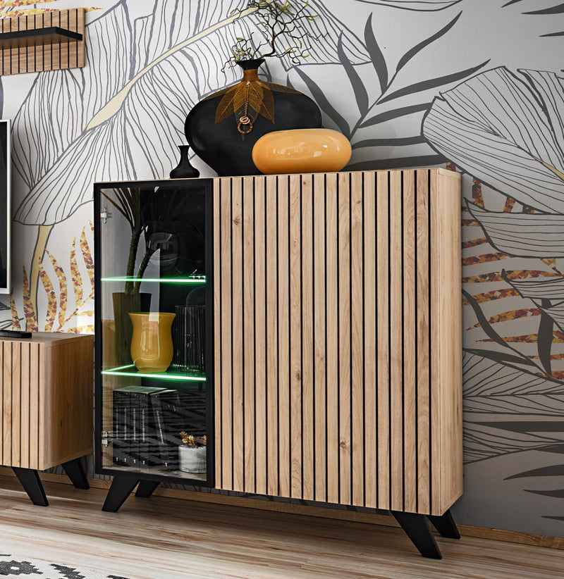 credenza alta 2 ante moderna in legno quercia e nero con vetrinetta e serigrafia a righe
