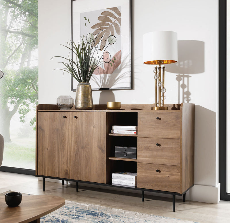 credenza moderna con ante vano e cassetti colore rovere scuro gambe in metallo nero