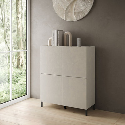 Milli - Credenza alta moderna 4 ante colore cashmere con piedini neri cm 90x35x110h