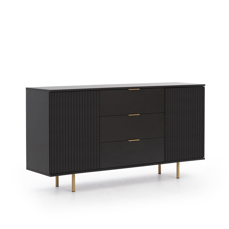 Credenza design nero e oro 2 ante e cassetti effetto cannettato cm 151x41x80h