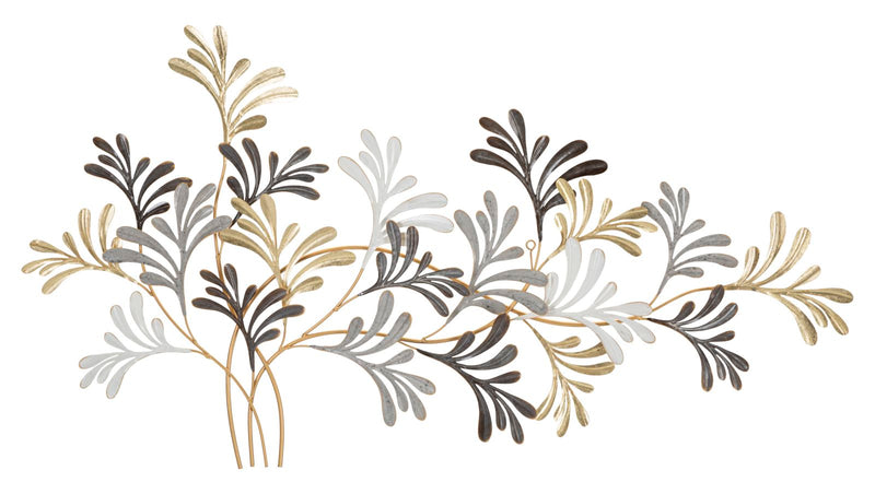 pannello decorativo moderno in metallo sagomato con steli e foglie colore oro bianco e grigio