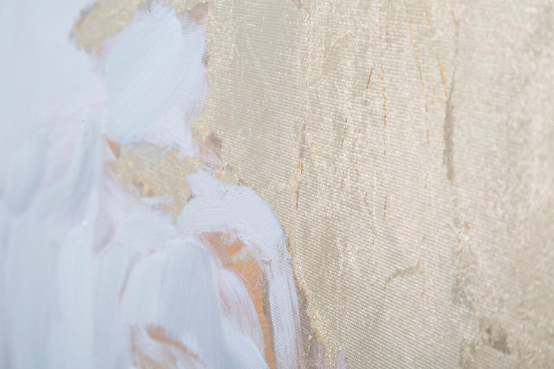 Pannello decorativo dipinto su tela stile classico con fiori bianchi e sfumature oro cm cm 90x4x90h