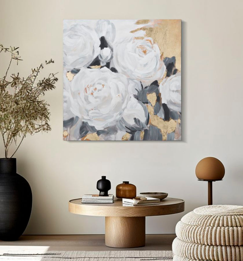 Pannello decorativo dipinto su tela stile classico con fiori bianchi e sfumature oro cm cm 90x4x90h