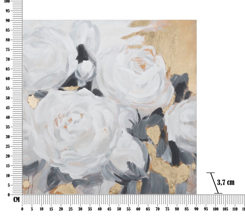 Pannello decorativo dipinto su tela stile classico con fiori bianchi e sfumature oro cm cm 90x4x90h