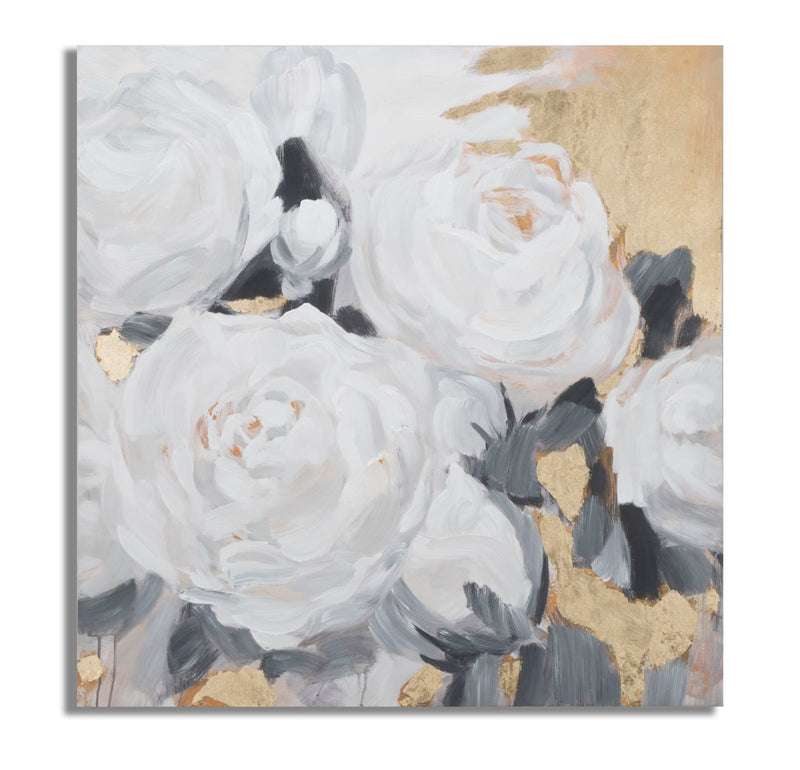 Pannello decorativo dipinto su tela stile classico con fiori bianchi e sfumature oro cm cm 90x4x90h