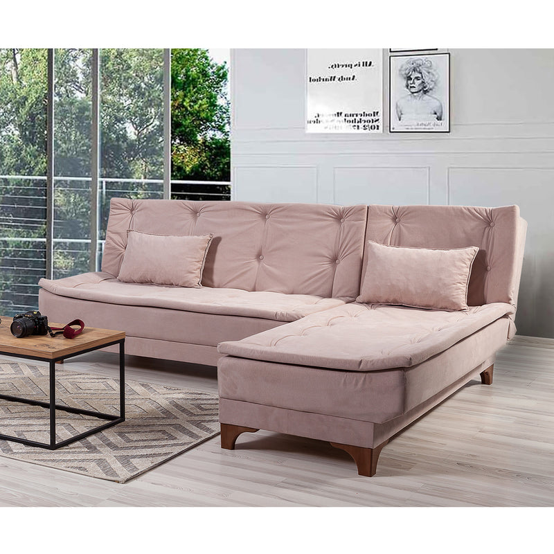 Divano letto da 3 posti ad angolo con penisola in tessuto colore rosa cm 225x160x86h