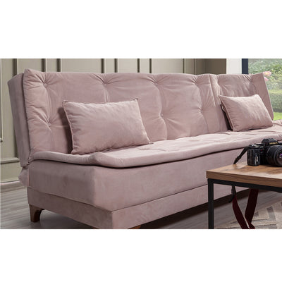 Divano letto da 3 posti ad angolo con penisola in tessuto colore rosa cm 225x160x86h