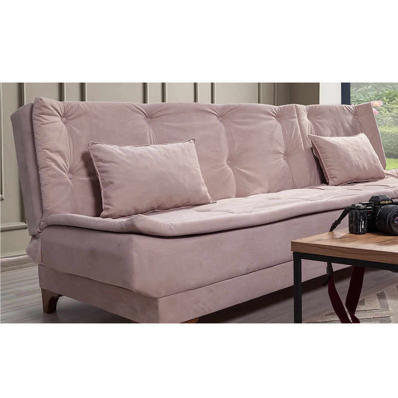 Divano letto da 3 posti ad angolo con penisola in tessuto colore rosa cm 225x160x86h