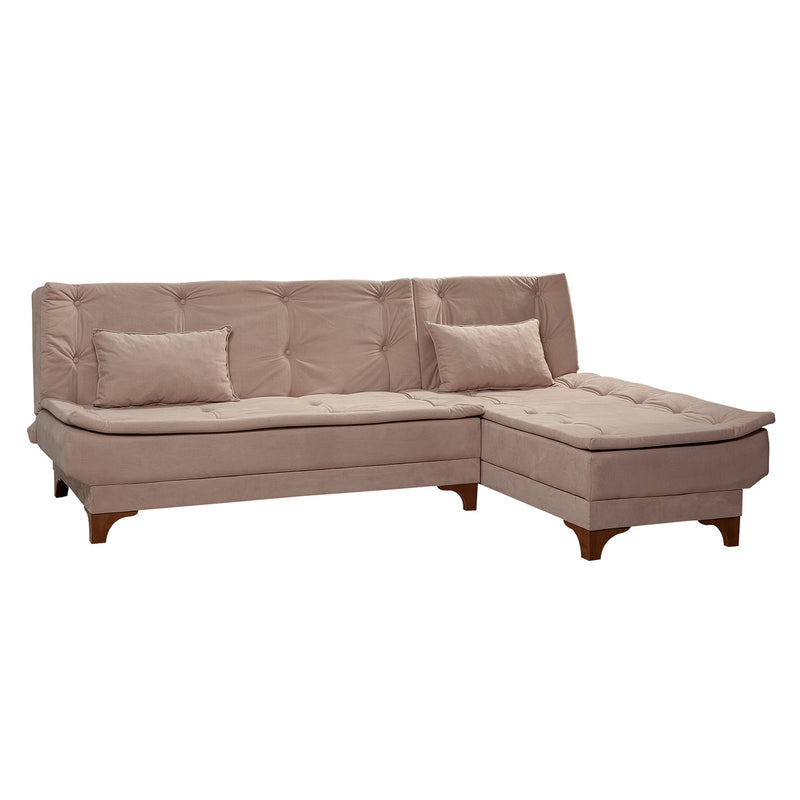 Divano letto da 3 posti ad angolo con penisola in tessuto colore rosa cm 225x160x86h