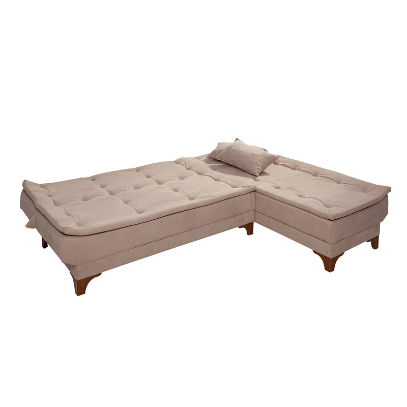 Divano letto da 3 posti ad angolo con penisola in tessuto colore rosa cm 225x160x86h