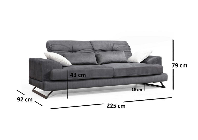 Divano imbottito 3 posti soggiorno colore antracite cm 225x92x79h