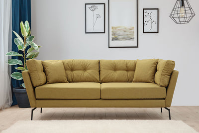 divano design da 2 posti da salotto imbottito rivestito in tessuto giallo verdastro gambe in metallo