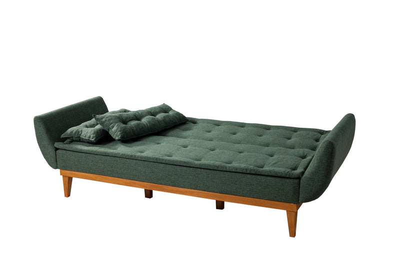 Divano letto 3 posti schienale reclinabile in tessuto verde base in legno cm 217x82x80h