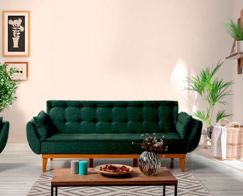 divano moderno da 3 posti imbottito e rivestito in tessuto lino colore verde trasformabile in letto singolo