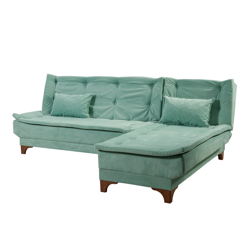 Divano 3 posti con penisola ad angolo in tessuto verde chiaro cm 225x160x86h