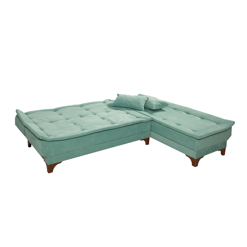 Divano 3 posti con penisola ad angolo in tessuto verde chiaro cm 225x160x86h