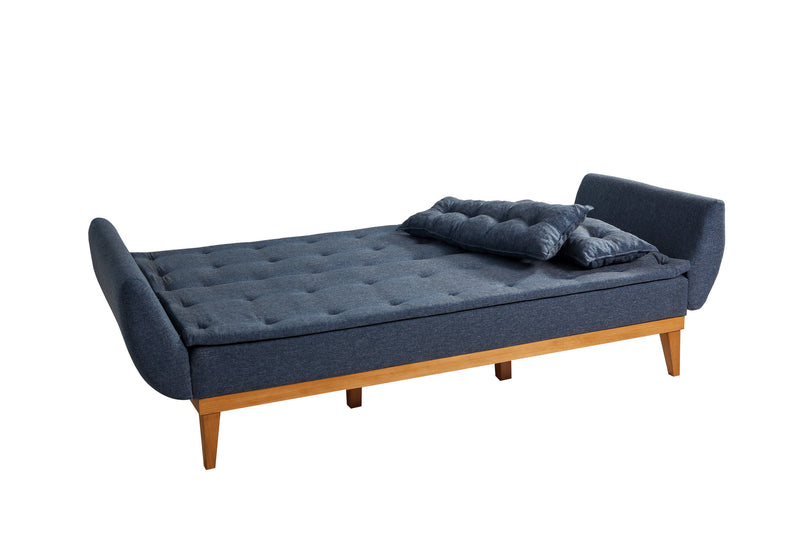 Divano letto moderno da 3 posti rivestito in lino blu base in legno cm 217x82x80h