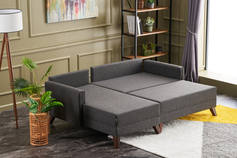 Divano letto angolare moderno con penisola rivestito in tessuto cm 205x140x85h - vari colori