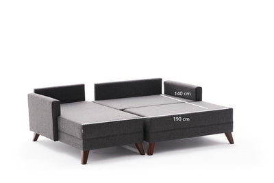 Divano letto angolare moderno con penisola rivestito in tessuto cm 205x140x85h - vari colori