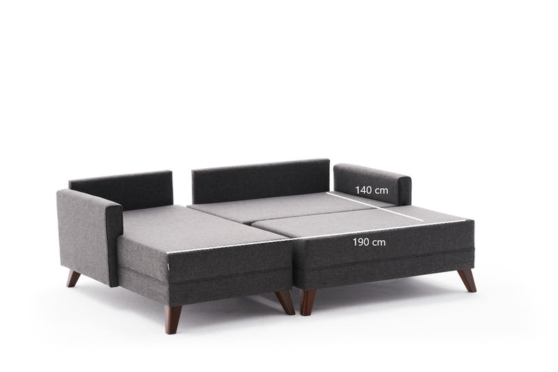 Divano letto angolare moderno con penisola rivestito in tessuto cm 205x140x85h - vari colori