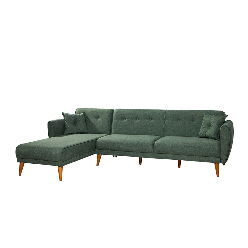 Divano moderno letto angolare in tessuto colore verde cm 277x175x86h