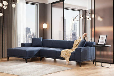 divano moderno ad angolo con penisola rivestimento in tessuto blu