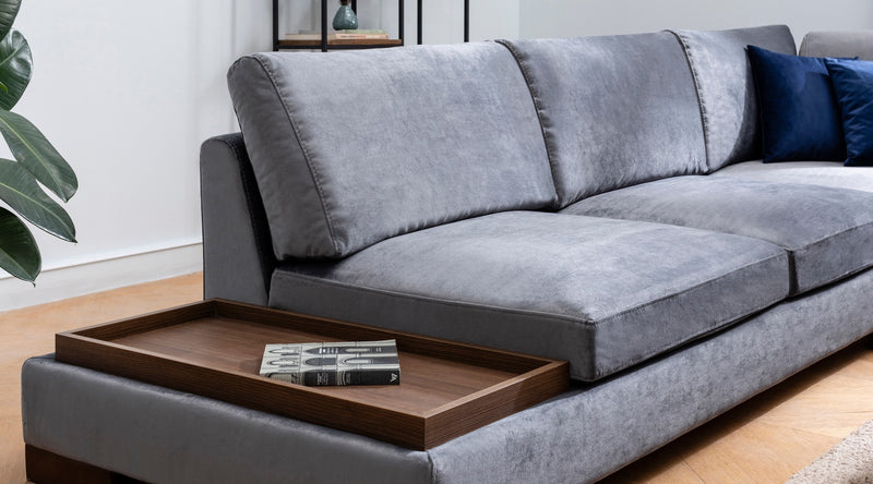 Divano in tessuto ad angolo con ripiano portaoggetti cm 313x97x80h - vari colori