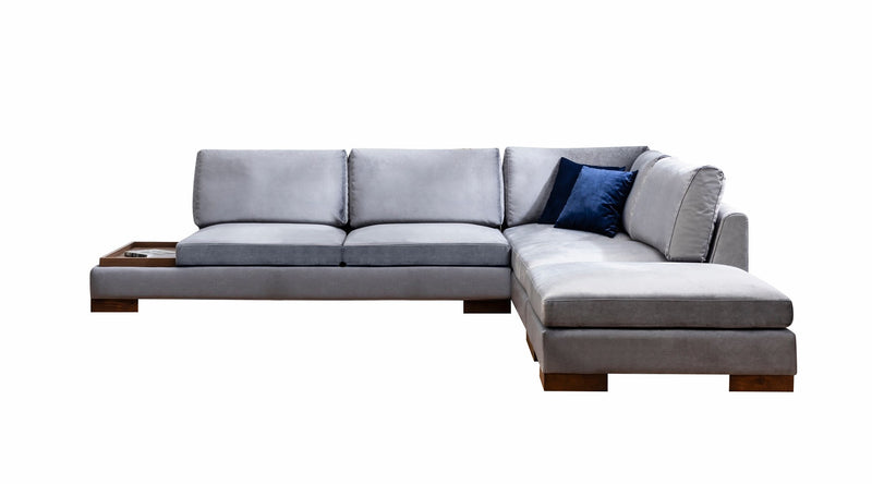 Divano in tessuto ad angolo con ripiano portaoggetti cm 313x97x80h - vari colori