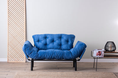 divano moderno letto singolo in metallo e tessuto colore azzurro