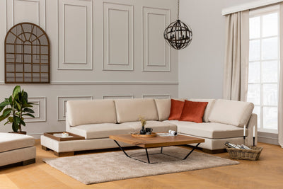 Divano in tessuto ad angolo con ripiano portaoggetti cm 313x97x80h - vari colori