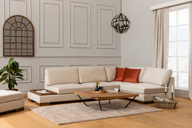 Divano in tessuto ad angolo con ripiano portaoggetti cm 313x97x80h - vari colori