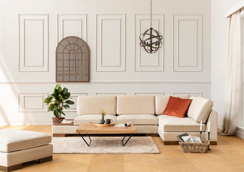 Divano in tessuto ad angolo con ripiano portaoggetti cm 313x97x80h - vari colori
