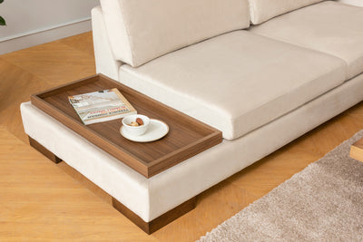 Divano in tessuto ad angolo con ripiano portaoggetti cm 313x97x80h - vari colori