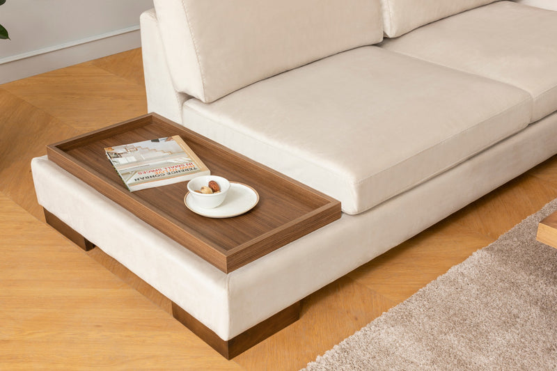 Divano in tessuto ad angolo con ripiano portaoggetti cm 313x97x80h - vari colori