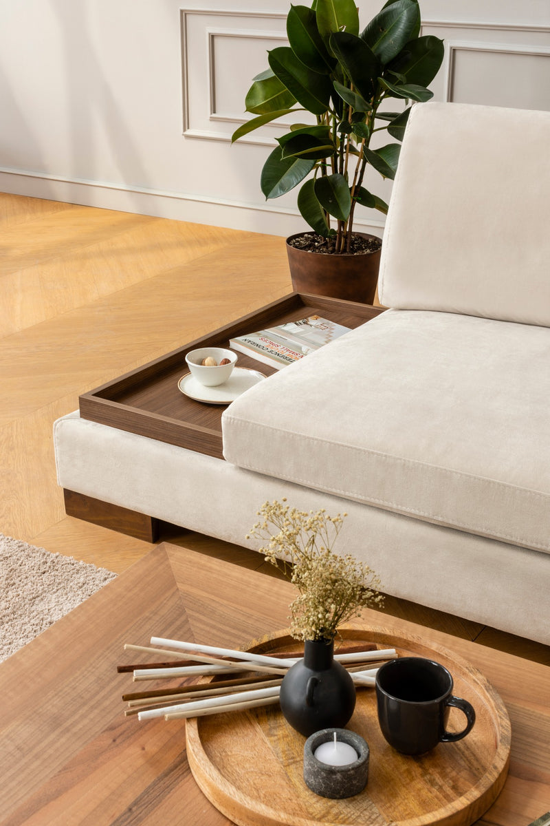 Divano in tessuto ad angolo con ripiano portaoggetti cm 313x97x80h - vari colori