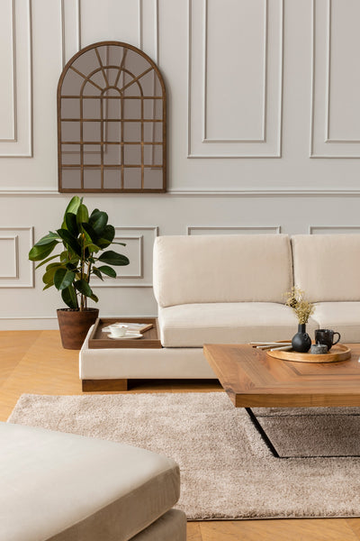 Divano in tessuto ad angolo con ripiano portaoggetti cm 313x97x80h - vari colori