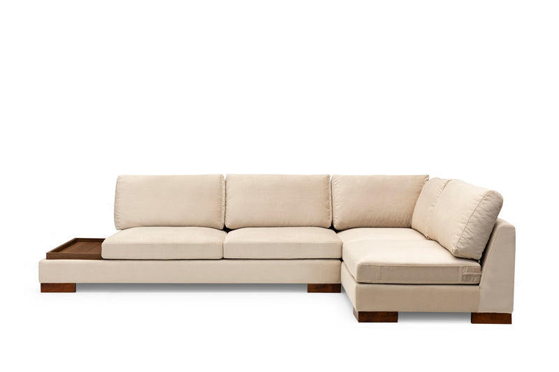 Divano in tessuto ad angolo con ripiano portaoggetti cm 313x97x80h - vari colori