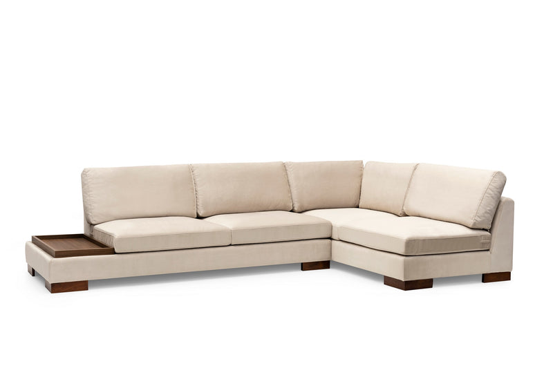 Divano in tessuto ad angolo con ripiano portaoggetti cm 313x97x80h - vari colori