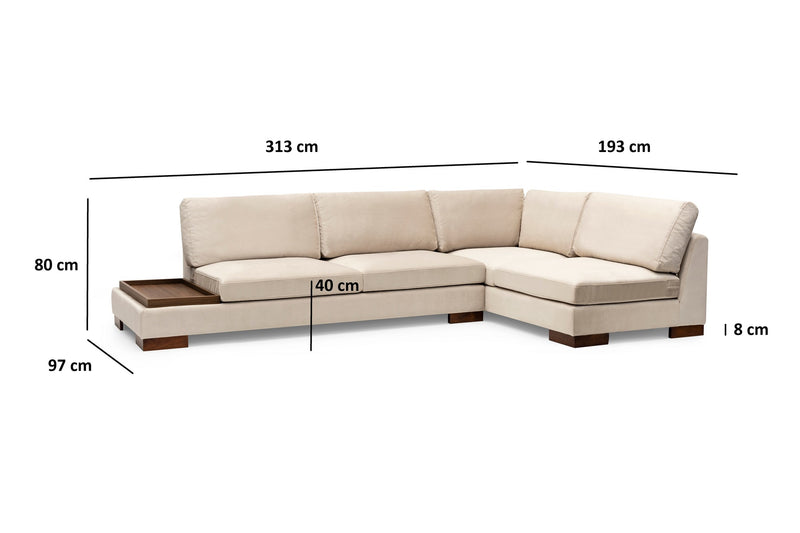 Divano in tessuto ad angolo con ripiano portaoggetti cm 313x97x80h - vari colori