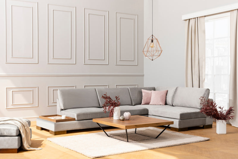 Divano in tessuto ad angolo con ripiano portaoggetti cm 313x97x80h - vari colori