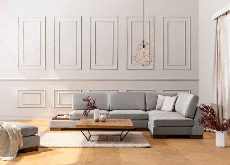Divano in tessuto ad angolo con ripiano portaoggetti cm 313x97x80h - vari colori