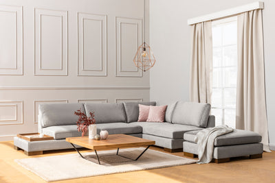 Divano in tessuto ad angolo con ripiano portaoggetti cm 313x97x80h - vari colori