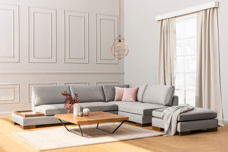 Divano in tessuto ad angolo con ripiano portaoggetti cm 313x97x80h - vari colori