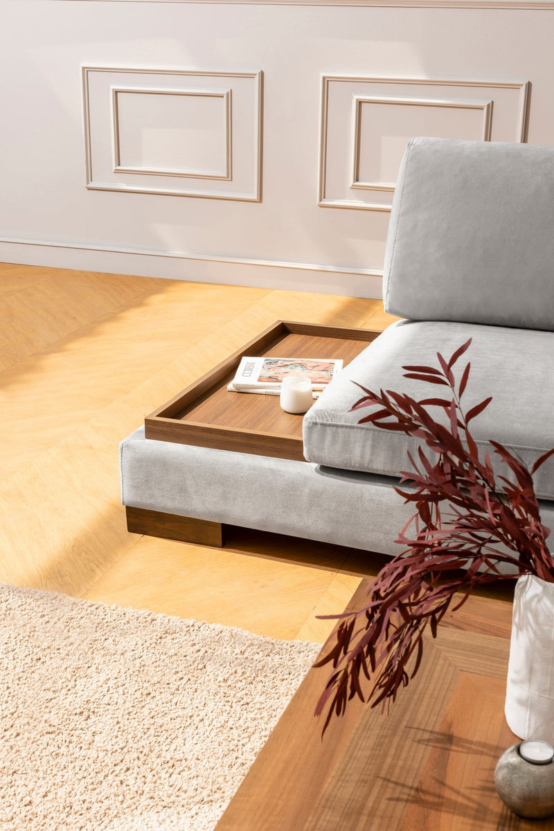 Divano in tessuto ad angolo con ripiano portaoggetti cm 313x97x80h - vari colori