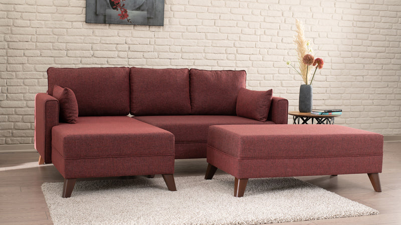 Divano letto moderno con penisola e pouf in tessuto cm 205x140x80h - vari colori