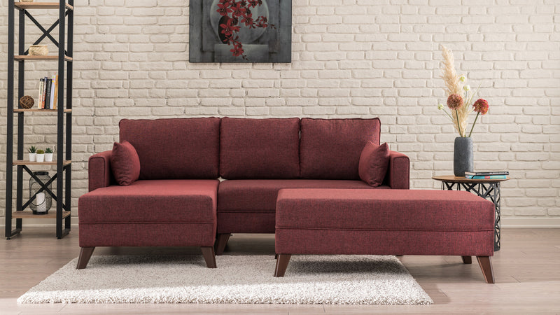 Divano letto moderno con penisola e pouf in tessuto cm 205x140x80h - vari colori